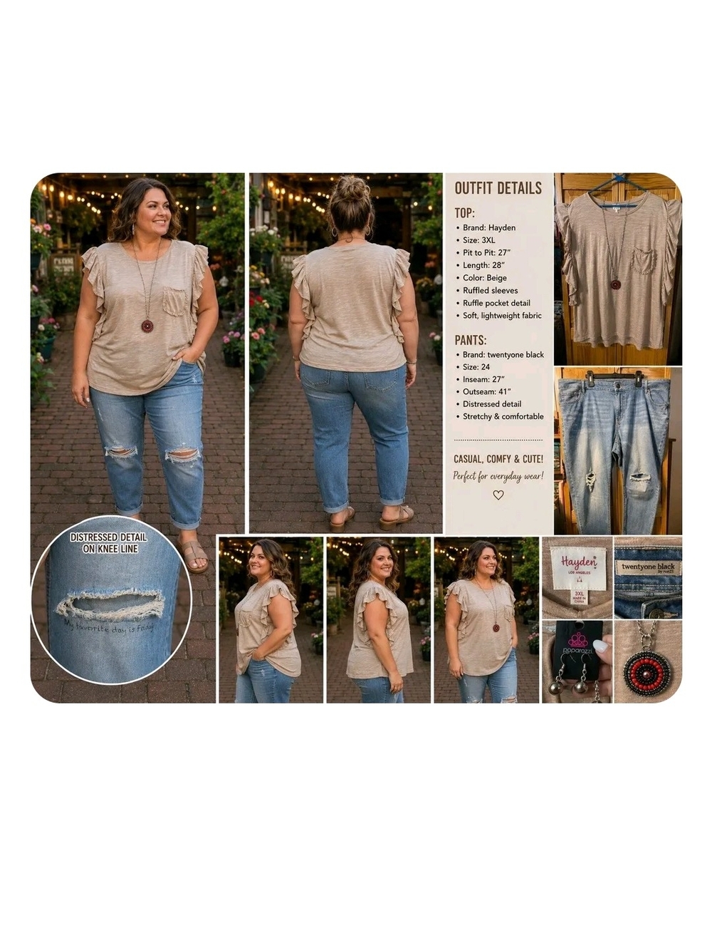 077 3x Hayden Los Angeles Ruffle Sleeve Top & Twentyone Black Distressed Jeans